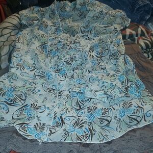 Elegant Floral Women's Wrap Blouse in White, Blue /Green And Brown Skirt